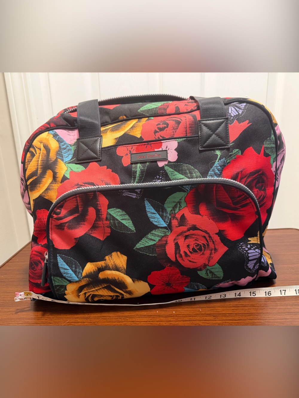 Vera Bradley Black Quilted Travel Bag with Red & Yellow Rose Print